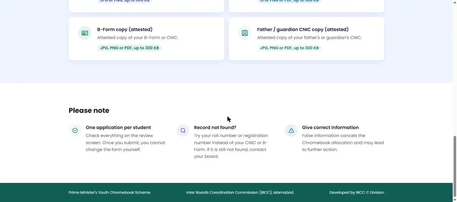 Please note section: one application per student, record not found, give correct information on pmychromebooks.ibcc.edu.pk