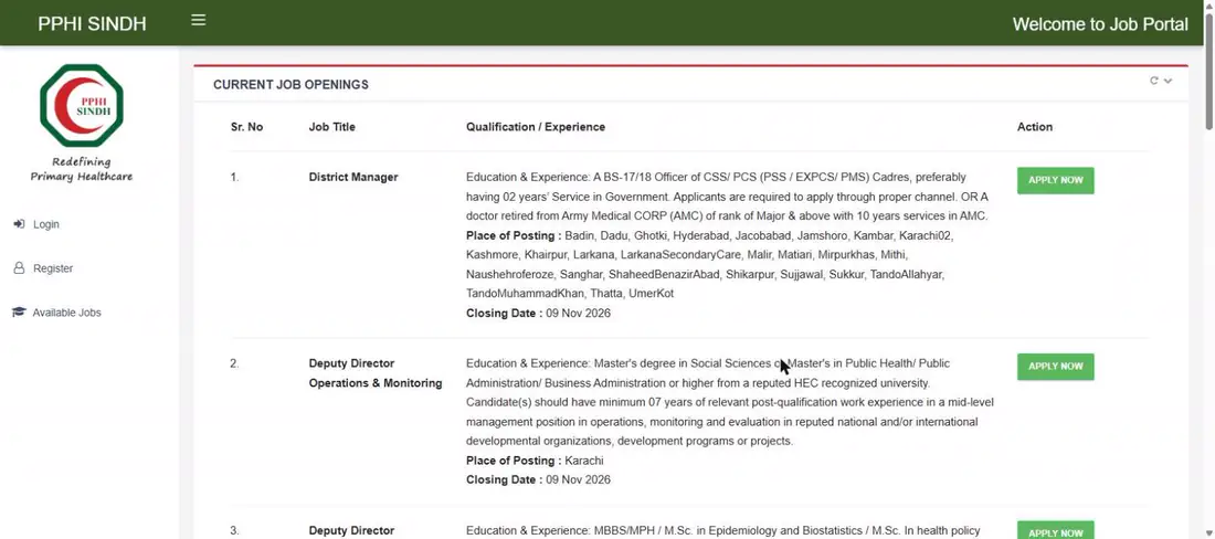 PPHI Sindh current job openings official portal 27 October 2026 District Manager closing date 09 Nov 2026
