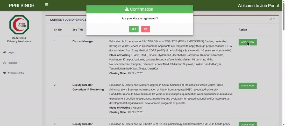 PPHI Sindh job portal Are you already registered confirmation Apply Now