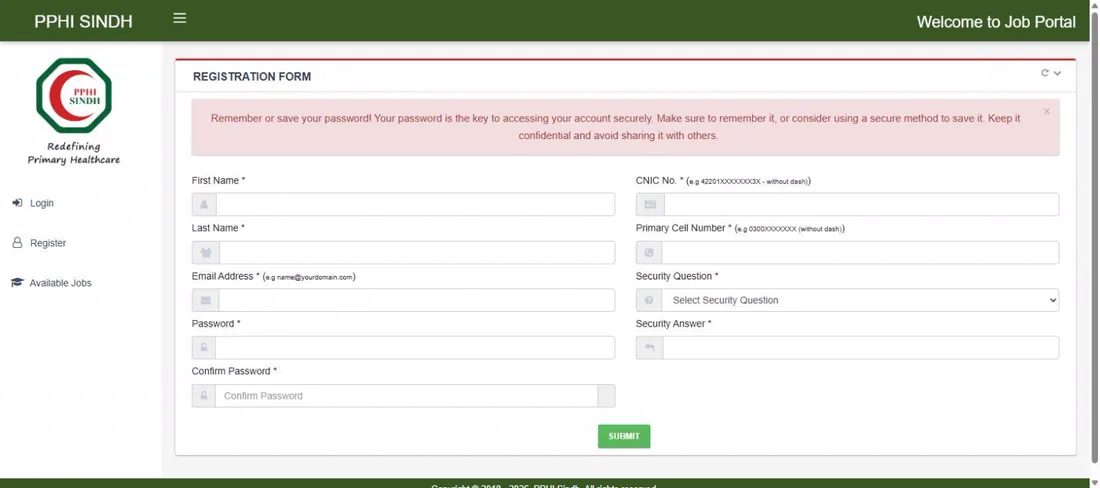 PPHI Sindh job portal registration form CNIC email password