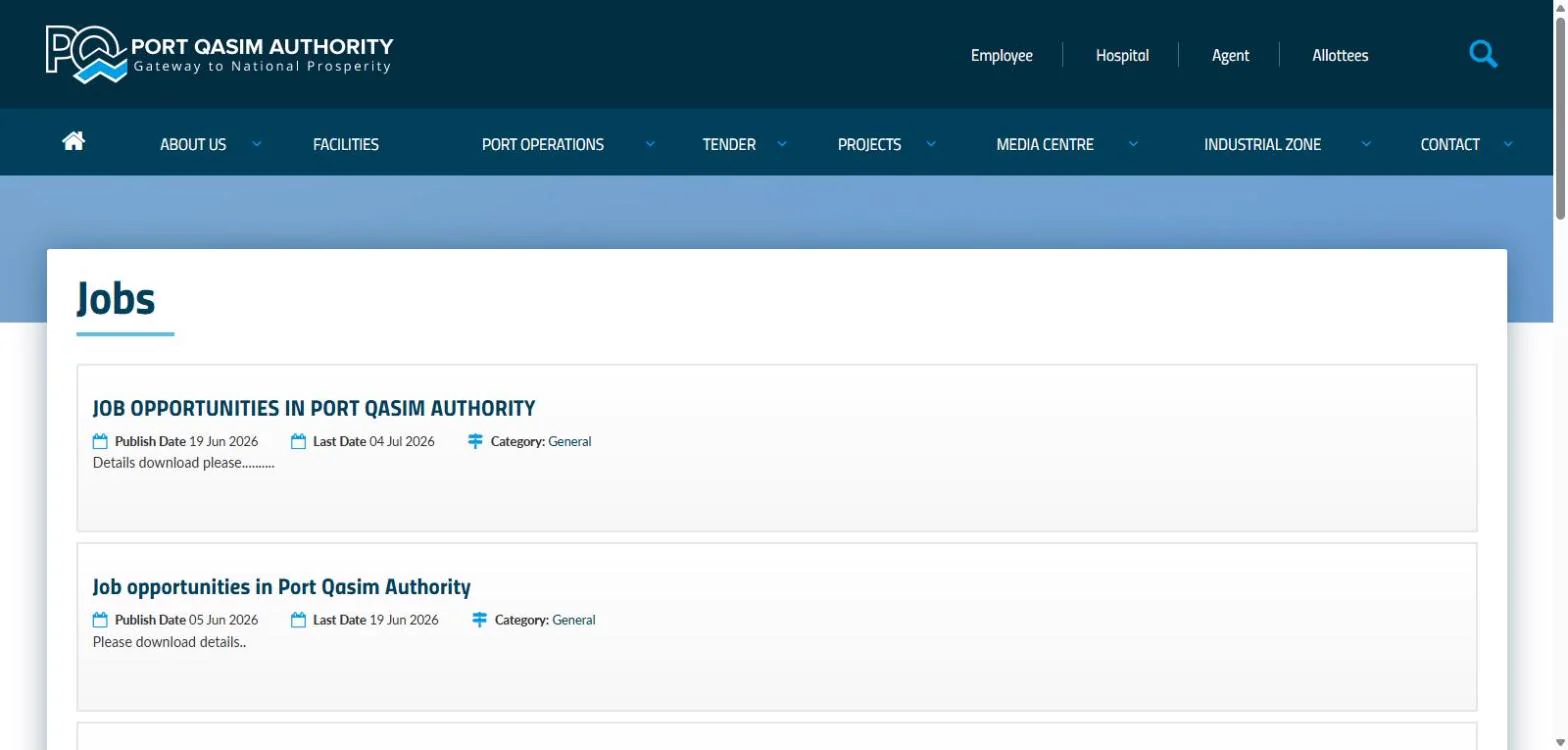 Port Qasim Authority official jobs page screenshot 24 October 2026