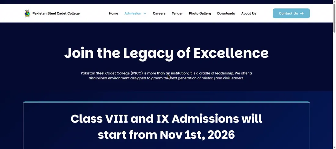Pakistan Steel Cadet College admission process page 25 October 2026 Class VIII and IX admissions start 1 November 2026