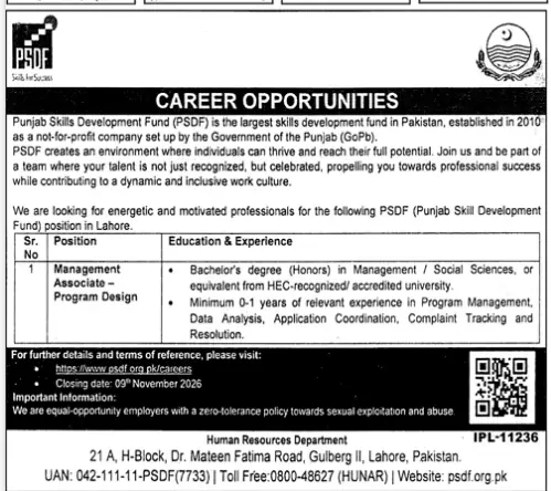 PSDF Punjab Skills Development Fund Management Associate Program Design job advertisement Daily Jang Lahore 24 October 2026