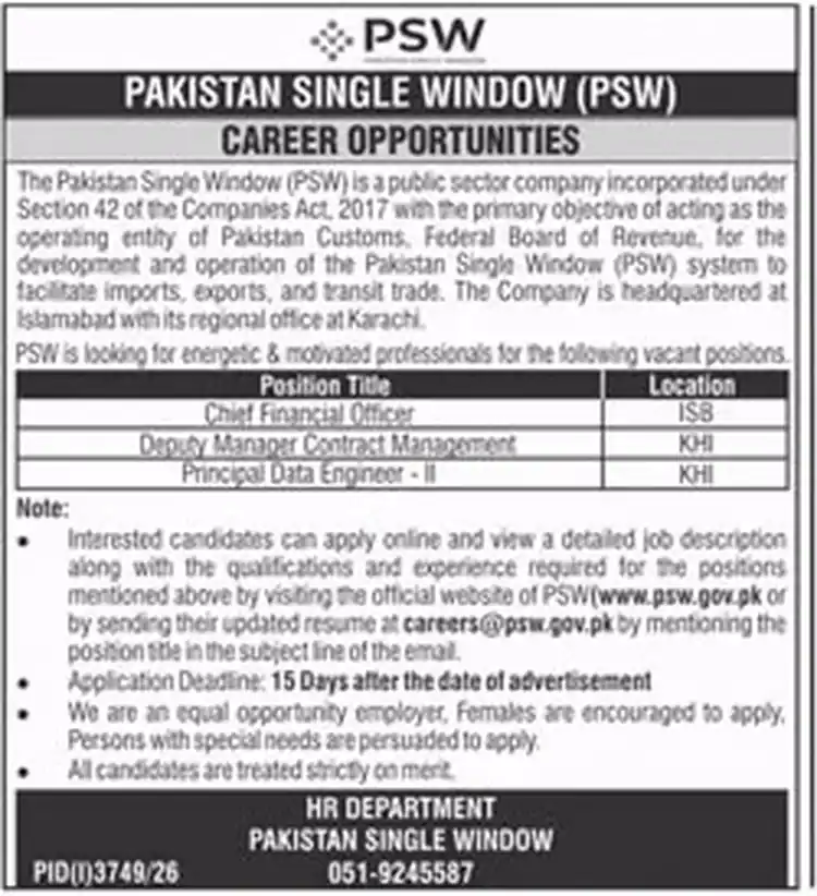 Pakistan Single Window career opportunities advertisement CFO Deputy Manager Principal Data Engineer October 2026
