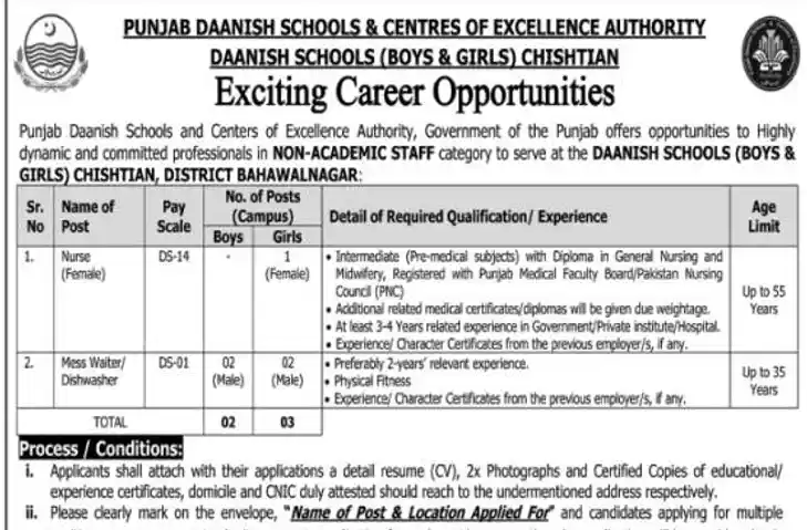 Punjab Daanish Schools Chishtian Bahawalnagar jobs advertisement 30 October 2026 Nurse Female Mess Waiter Dishwasher non-academic staff post table