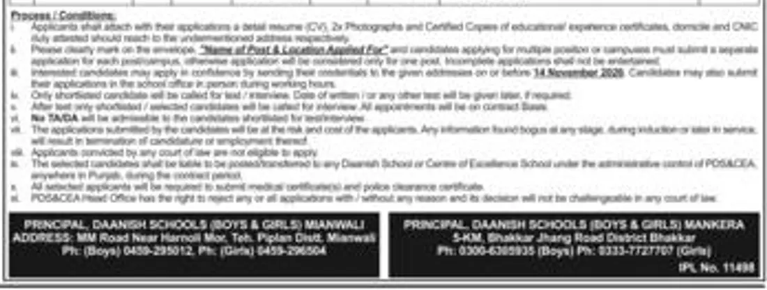 Punjab Daanish Schools Mianwali Mankera jobs process conditions addresses phone numbers last date 14 November 2026 IPL 11498