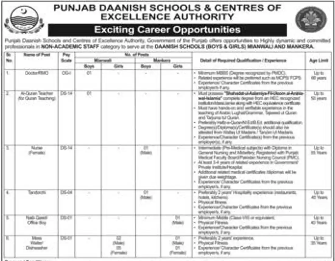 Punjab Daanish Schools Mianwali and Mankera jobs advertisement 30 October 2026 Doctor RMO Al-Quran Teacher Nurse Tandorchi Naib Qasid Mess Waiter post table