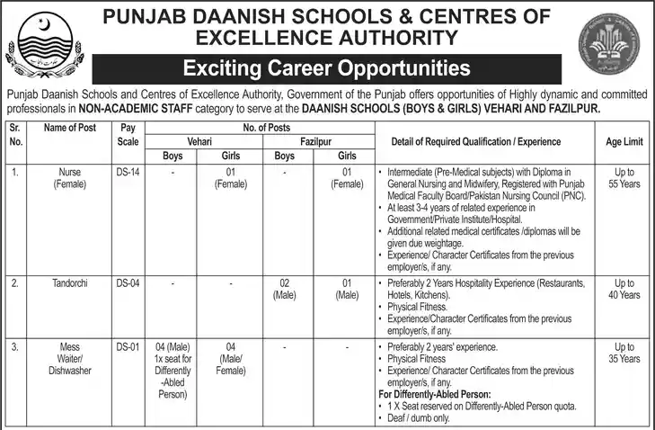 Punjab Daanish Schools Vehari and Fazilpur jobs advertisement 29 October 2026 Nurse Female Tandorchi Mess Waiter Dishwasher non-academic staff post table