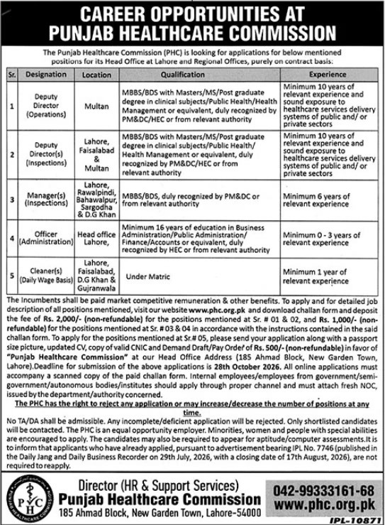 Punjab Healthcare Commission jobs October 2026