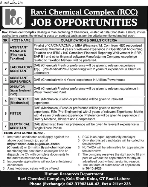 Ravi Chemical Complex (RCC) Job Opportunities advertisement, Daily Jang Lahore 18 October 2026: Assistant Manager Finance, Laboratory Assistant, Operators, Fitter, Electrical Assistant