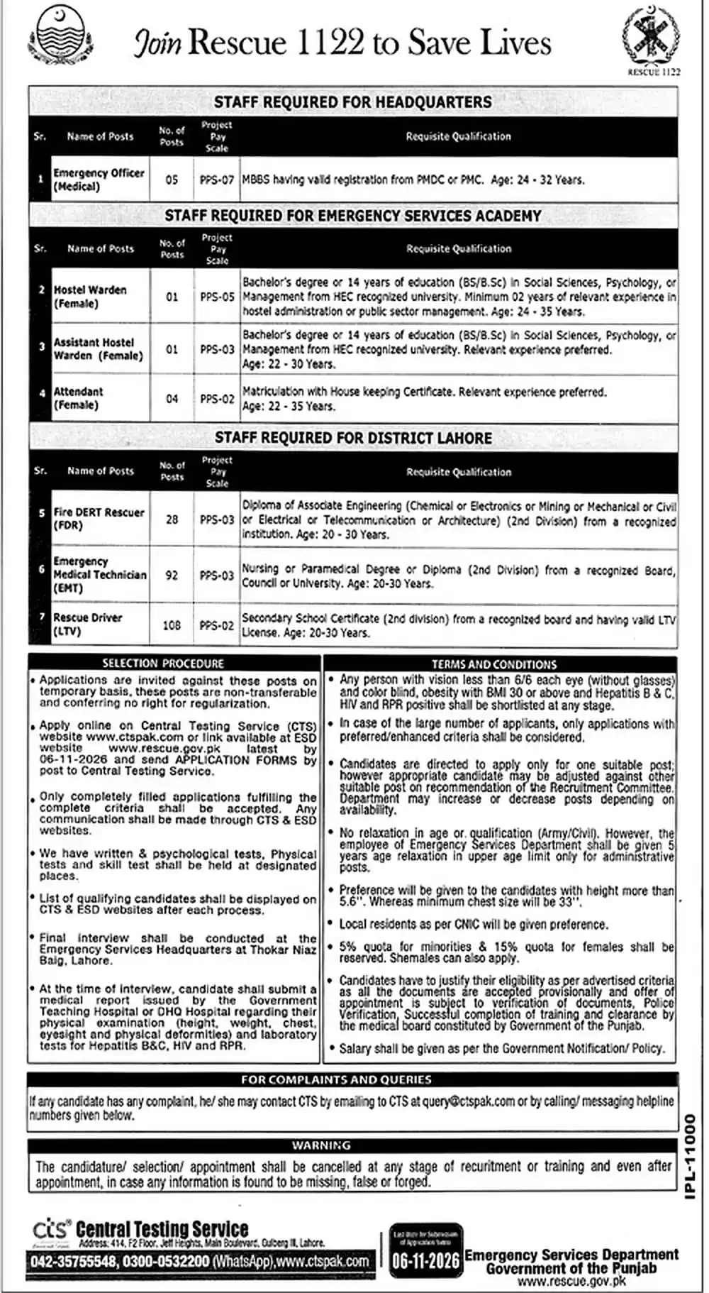 Join Rescue 1122 to Save Lives advertisement, Emergency Services Department Punjab, Daily Jang 18 October 2026: Emergency Officer Medical, Hostel Warden, Attendant, Fire DERT Rescuer, Emergency Medical Technician, Rescue Driver LTV, Central Testing Service
