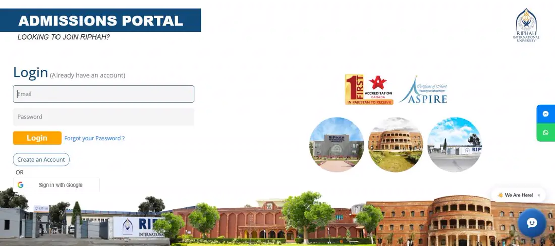 Riphah admissions portal login page Create an Account 25 October 2026