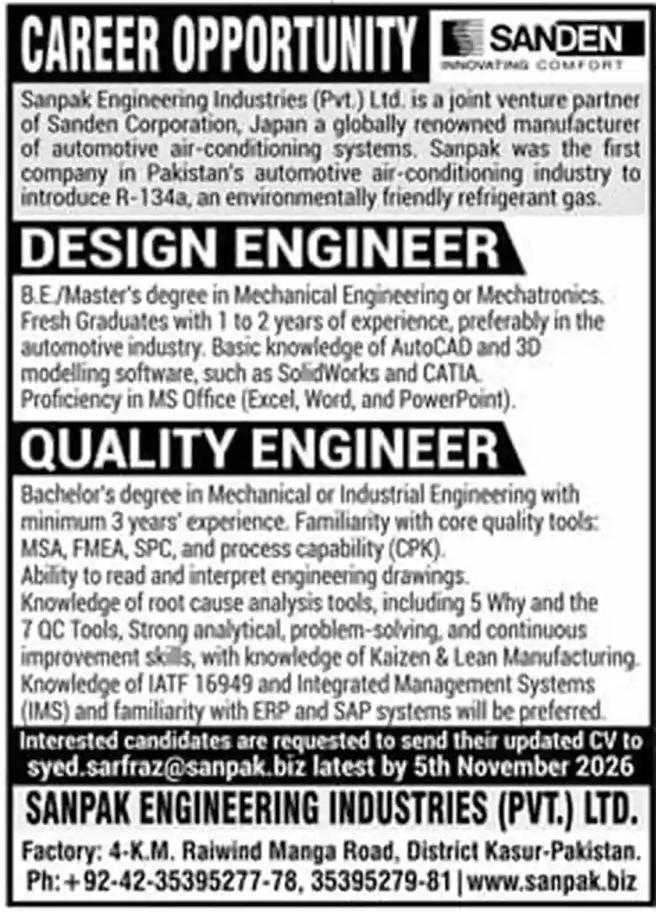 Sanpak Engineering Industries jobs advertisement Design Engineer Quality Engineer Jang Lahore 25 October 2026