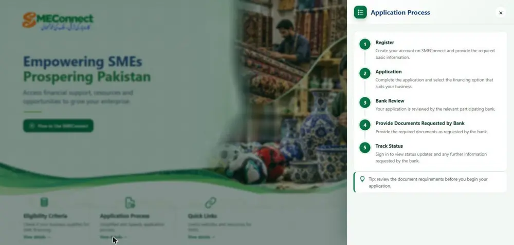 SMEConnect application process register application bank review documents track status