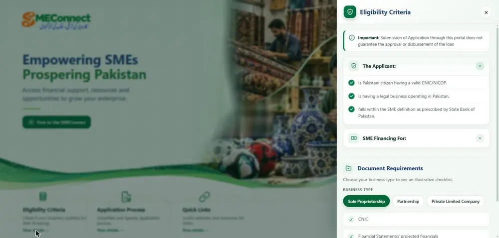 SMEConnect Eligibility Criteria panel applicant Pakistani citizen CNIC legal business SME definition