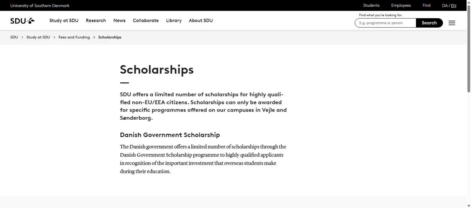 SDU Danish Government Scholarship official page for non-EU EEA students Vejle and Sønderborg