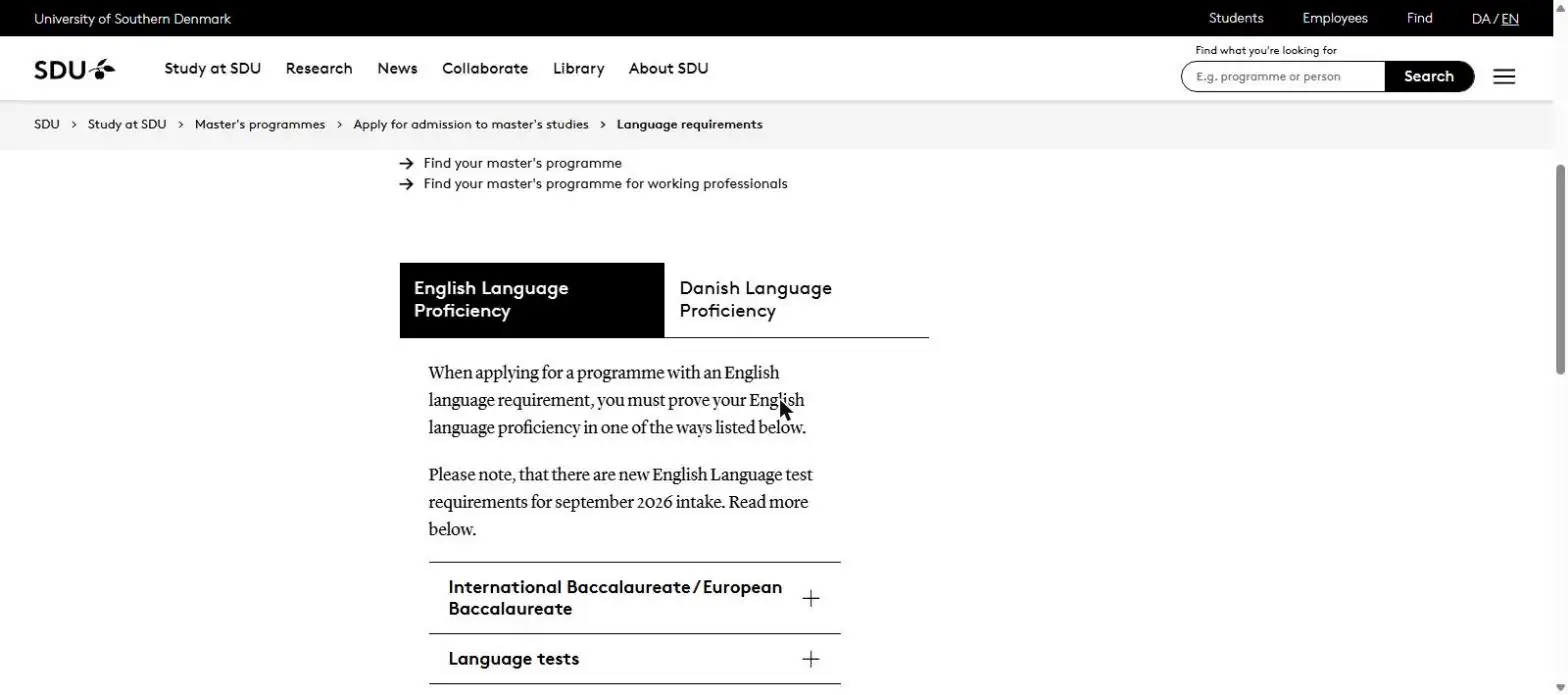SDU master language proficiency page IELTS TOEFL Cambridge requirements