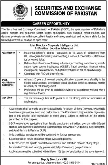 Securities and Exchange Commission of Pakistan SECP career opportunity Joint Director Corporate Intelligence Unit advertisement, Daily Jang 18 October 2026