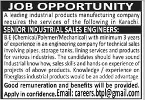 Senior Industrial Sales Engineers jobs Karachi, B.E Chemical Polymer Mechanical, Jang 18 October 2026