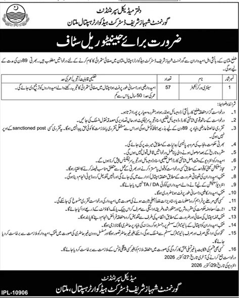 Govt Shahbaz Sharif DHQ Hospital Multan Sanitary Worker Jobs October 2026 – 57 posts