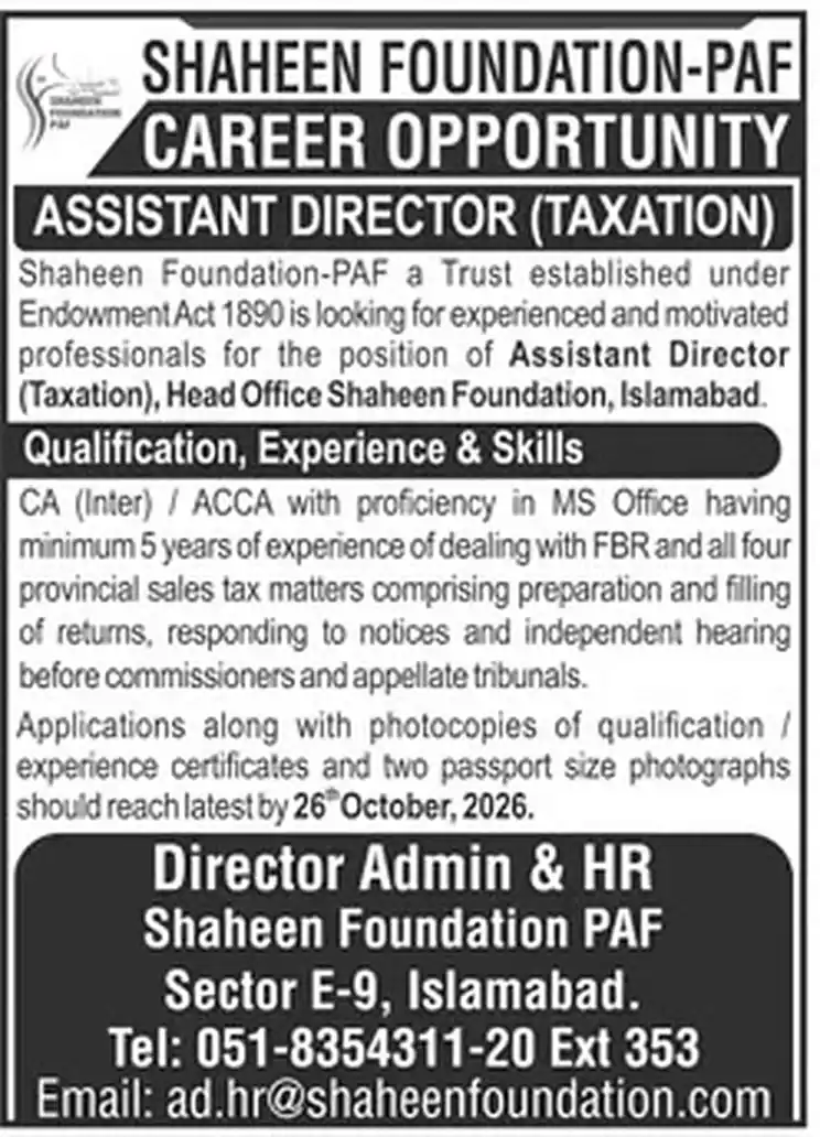 Shaheen Foundation PAF Career Opportunity Assistant Director (Taxation) Islamabad job advertisement, Daily Jang Rawalpindi 18 October 2026