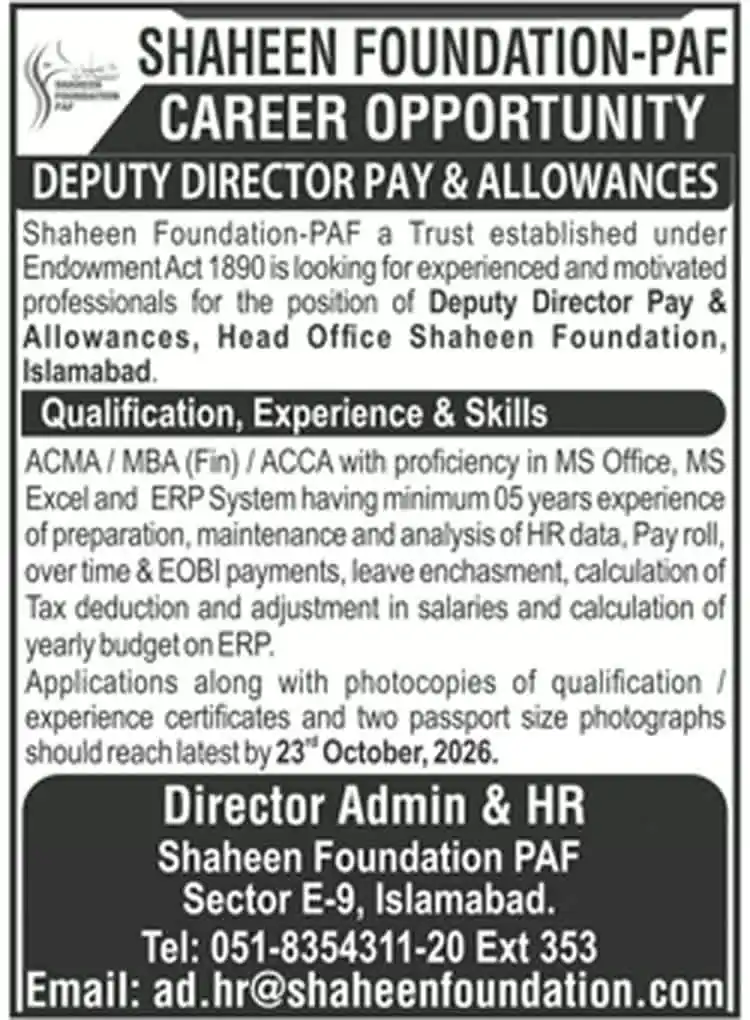 Shaheen Foundation PAF Career Opportunity Deputy Director Pay and Allowances Islamabad job advertisement, Daily Jang Rawalpindi 18 October 2026