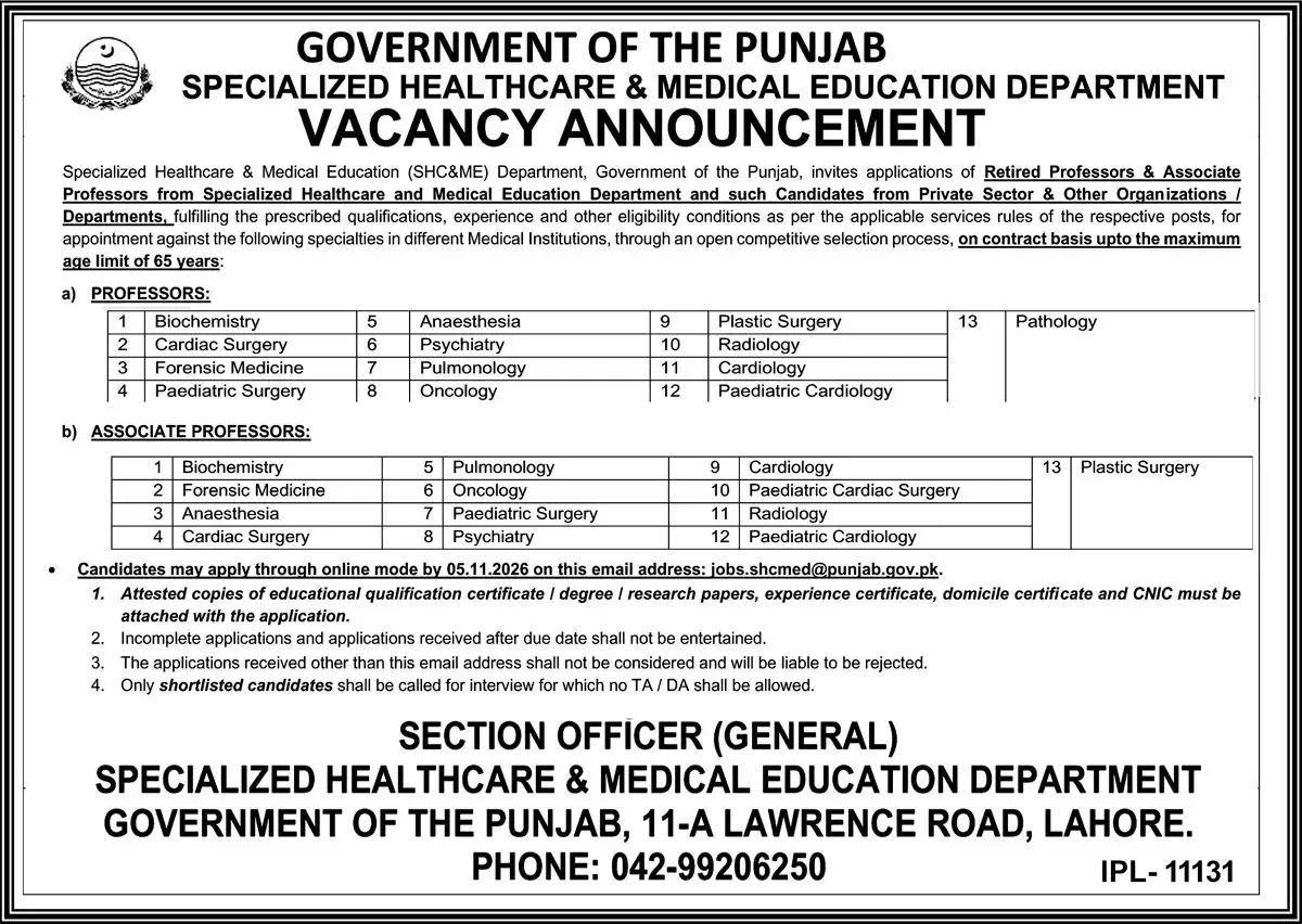 Specialized Healthcare and Medical Education Department Punjab vacancy announcement for Professors and Associate Professors, The Nation Lahore 19 October 2026