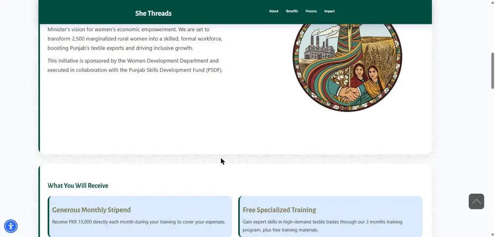 She Threads Punjab Women Development Department official page stipend PKR 15,000 free specialized training