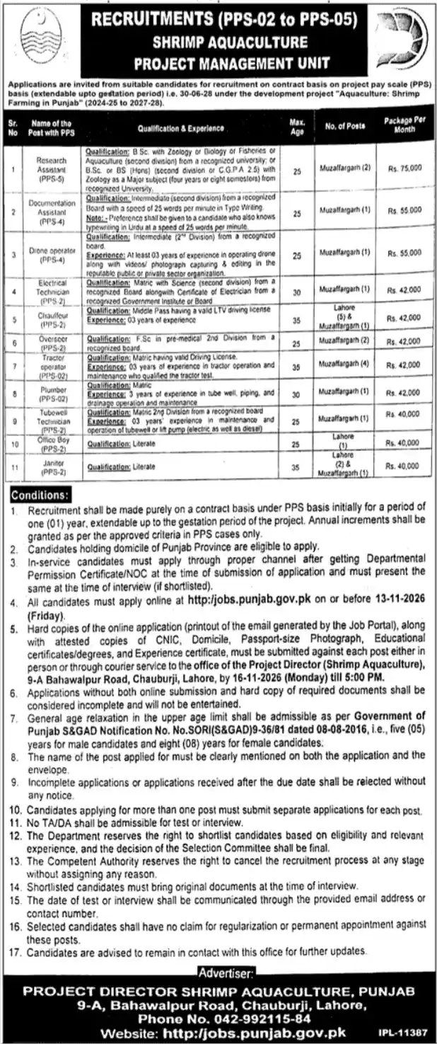 Shrimp Aquaculture Project Management Unit Punjab recruitment advertisement Jang Lahore 29 October 2026 PPS-02 to PPS-05 last date 13 November 2026