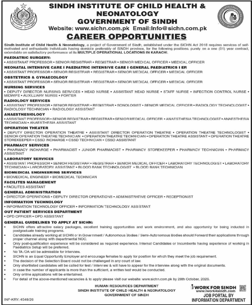 SICHN Karachi Sindh Institute of Child Health jobs October 2026