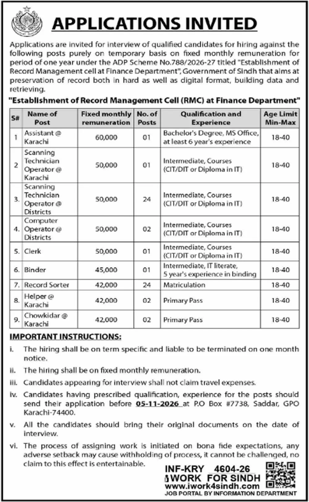 Finance Department Government of Sindh Record Management Cell RMC jobs advertisement, Dawn 21 October 2026