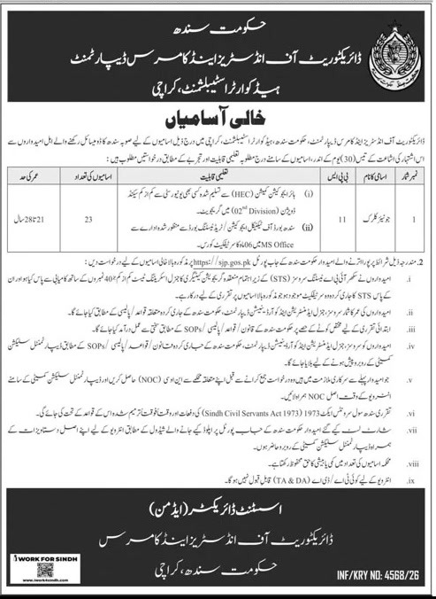 Sindh Industries and Commerce Department Karachi Junior Clerk jobs 2026 STS