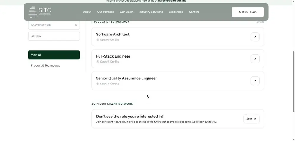 SITC Sindh IT Company careers page open roles Software Architect Full-Stack Engineer Senior Quality Assurance Engineer Karachi