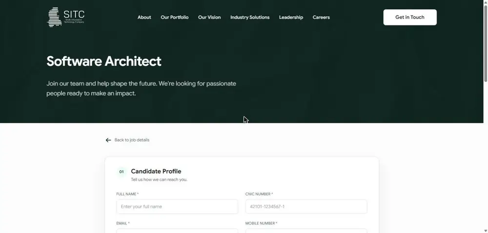 SITC Software Architect online application form candidate profile full name CNIC email mobile current city