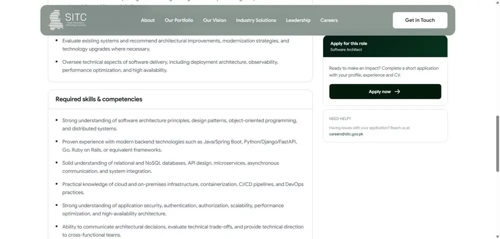 SITC Sindh IT Company Software Architect role page required skills and competencies Karachi on-site 2026