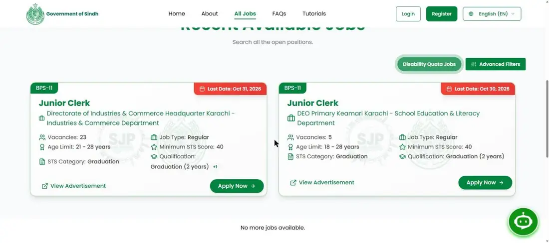 Sindh Job Portal recent available jobs Junior Clerk BPS-11 27 October 2026