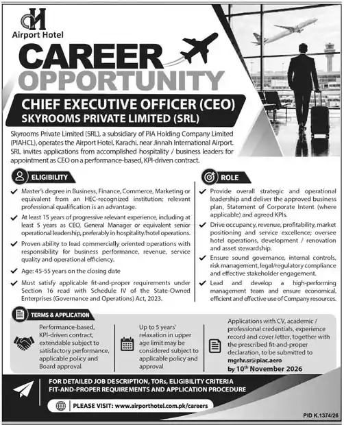 Skyrooms Private Limited Airport Hotel Karachi CEO job advertisement Daily Jang Karachi 24 October 2026