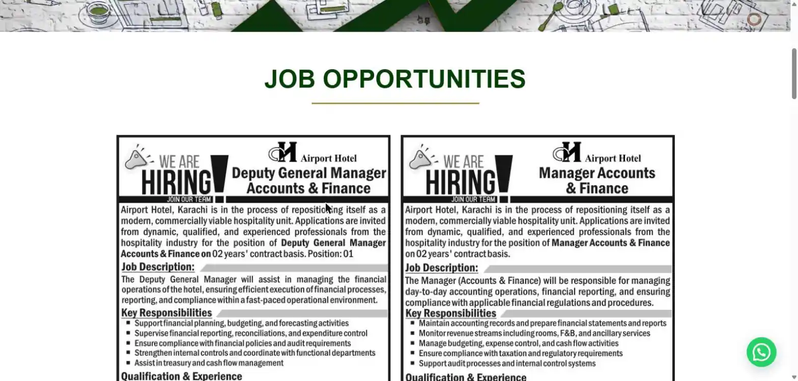 Airport Hotel Karachi job opportunities section other hotel posts 24 October 2026