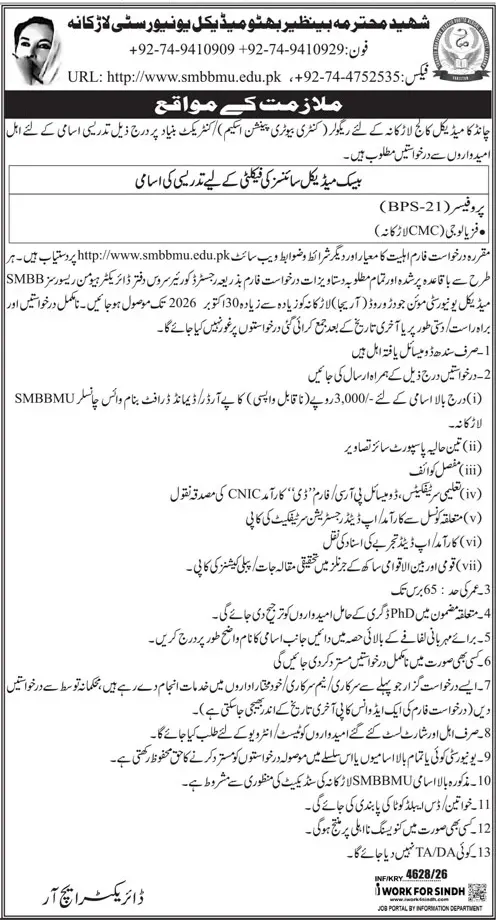SMBBMU Larkana Professor Physiology BPS-21 job advertisement Daily Jang Karachi 24 October 2026