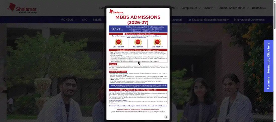 Shalamar Medical and Dental College MBBS admission 2026-27 official page and advertisement popup 25 October 2026