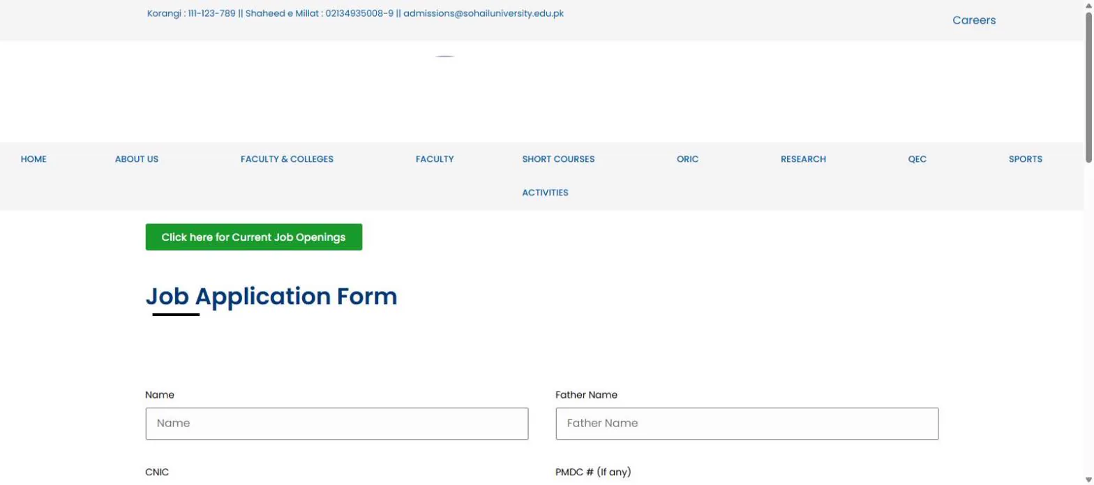 Sohail University careers page job application form