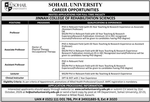 Sohail University Karachi faculty jobs advertisement Jinnah College of Rehabilitation Sciences October 2026