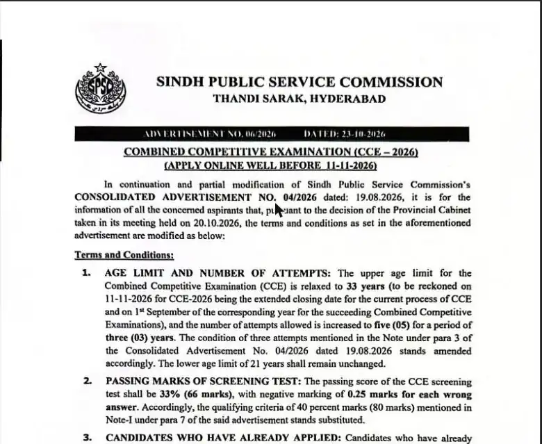 SPSC advertisement 06/2026 official PDF CCE 2026 age limit 33 years attempts five screening test 66 marks