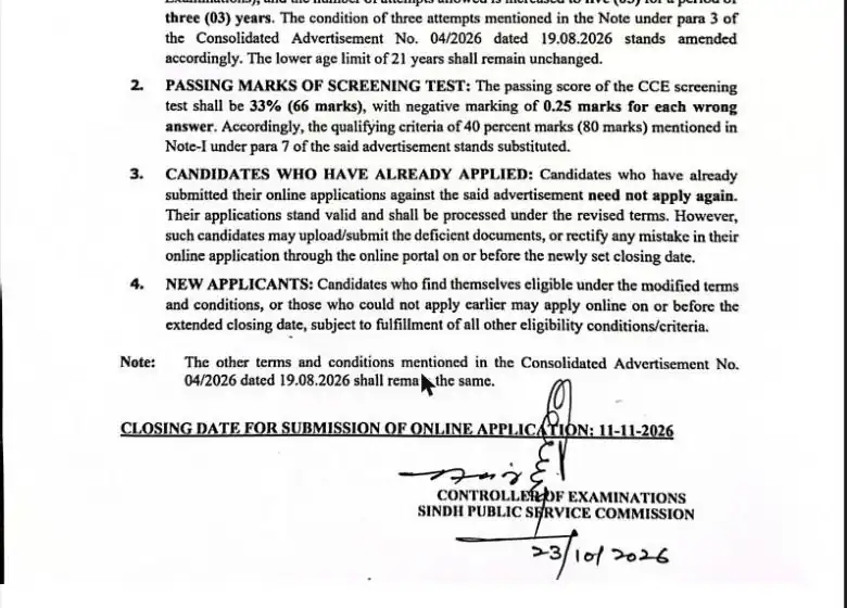 SPSC CCE-2026 ad 06/2026 official PDF extended closing date 11-11-2026 Controller of Examinations