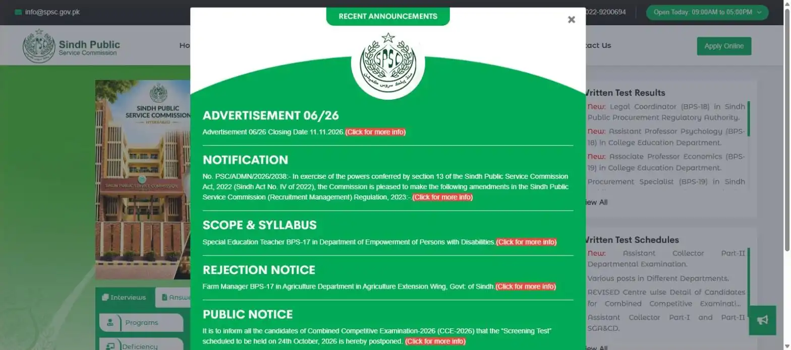 SPSC website recent announcements Advertisement 06/26 closing date 11.11.2026 and CCE-2026 screening test postponed