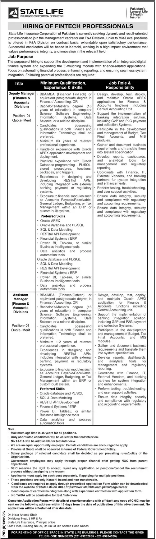 State Life Insurance Corporation of Pakistan Hiring of FinTech Professionals advertisement Jang Karachi 25 October 2026