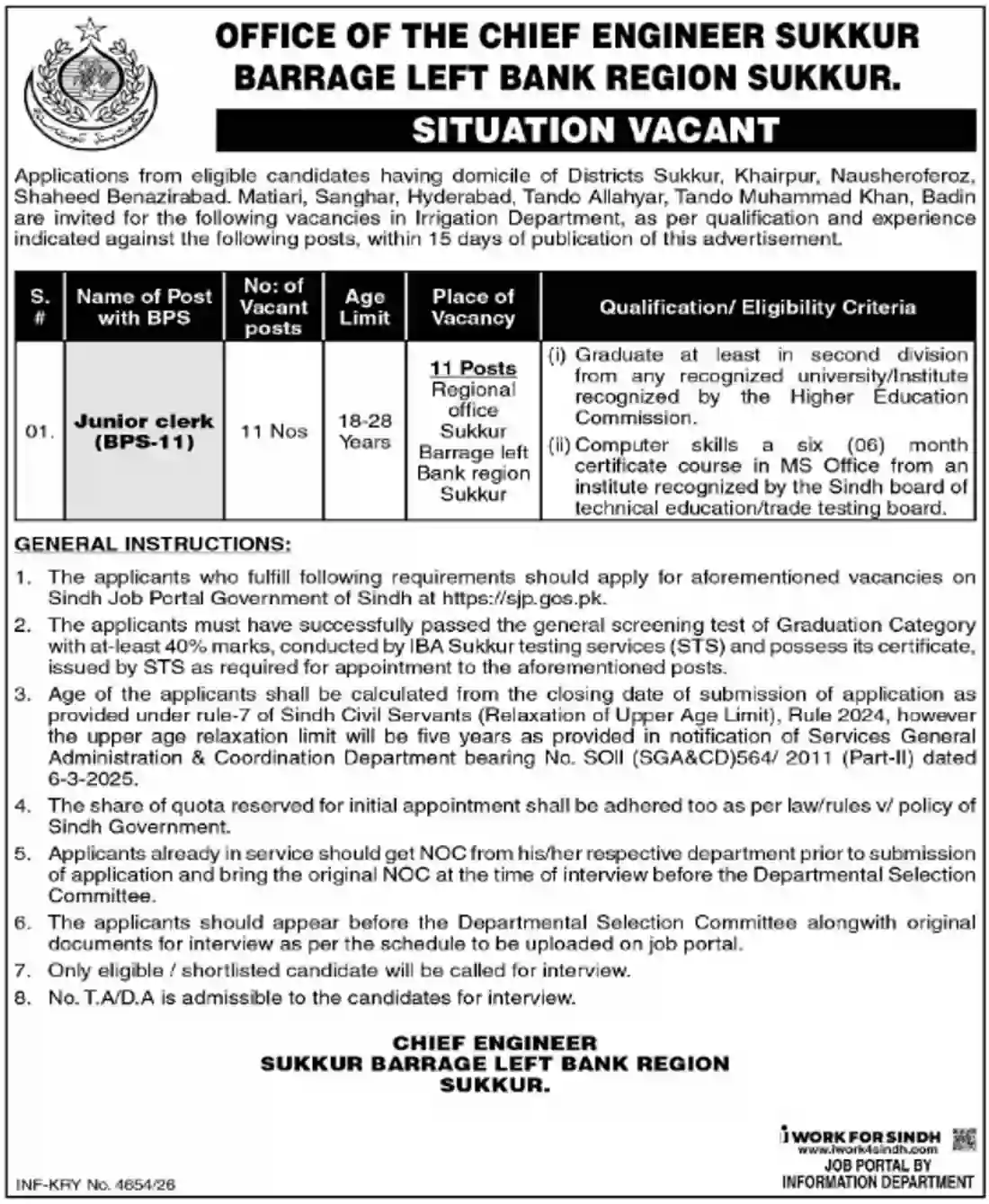 Chief Engineer Sukkur Barrage Left Bank Region 11 Junior Clerk BPS-11 jobs ad Dawn 28 October 2026