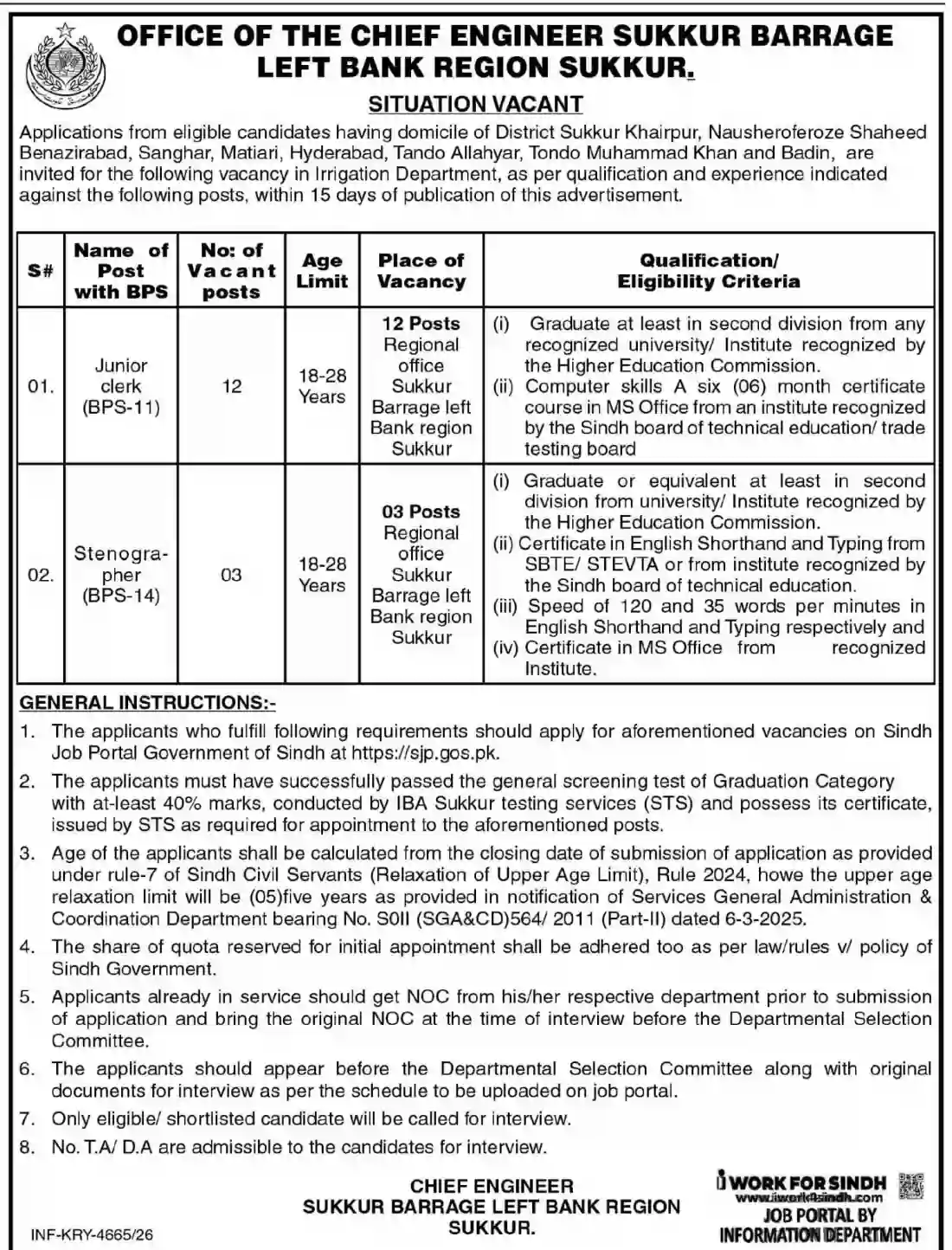 Chief Engineer Sukkur Barrage Left Bank Region Junior Clerk BPS-11 and Stenographer BPS-14 jobs ad Dawn 27 October 2026