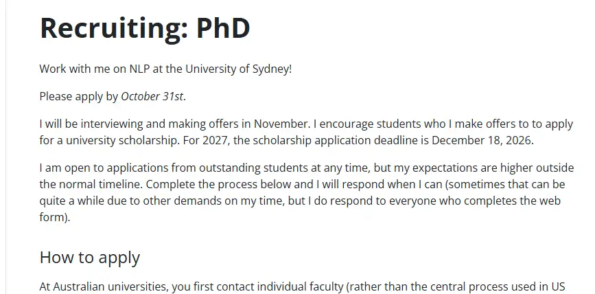 University of Sydney PhD recruiting page Jonathan Kummerfeld apply by October 31 scholarship deadline December 18 2026