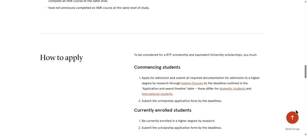 University of Sydney RTP how to apply commencing students Sydney Courses and scholarship application form
